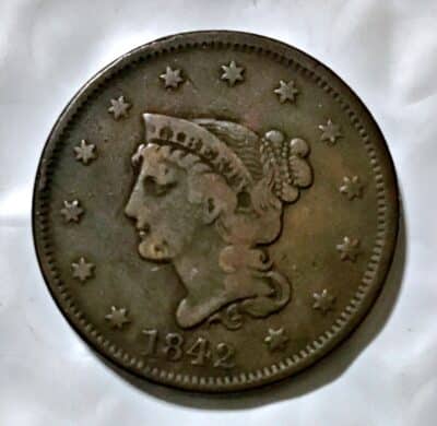 1842 Large Date Braided Hair Liberty Head Large Cent - VF